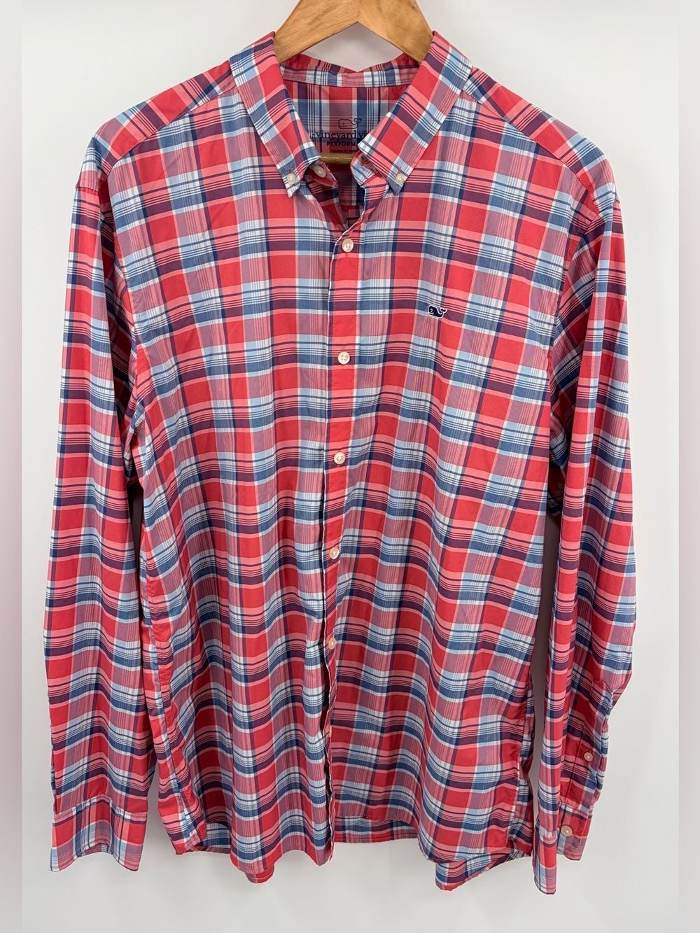 Vineyard Vines performance classic fit whale shirt coral blue plaid mens L